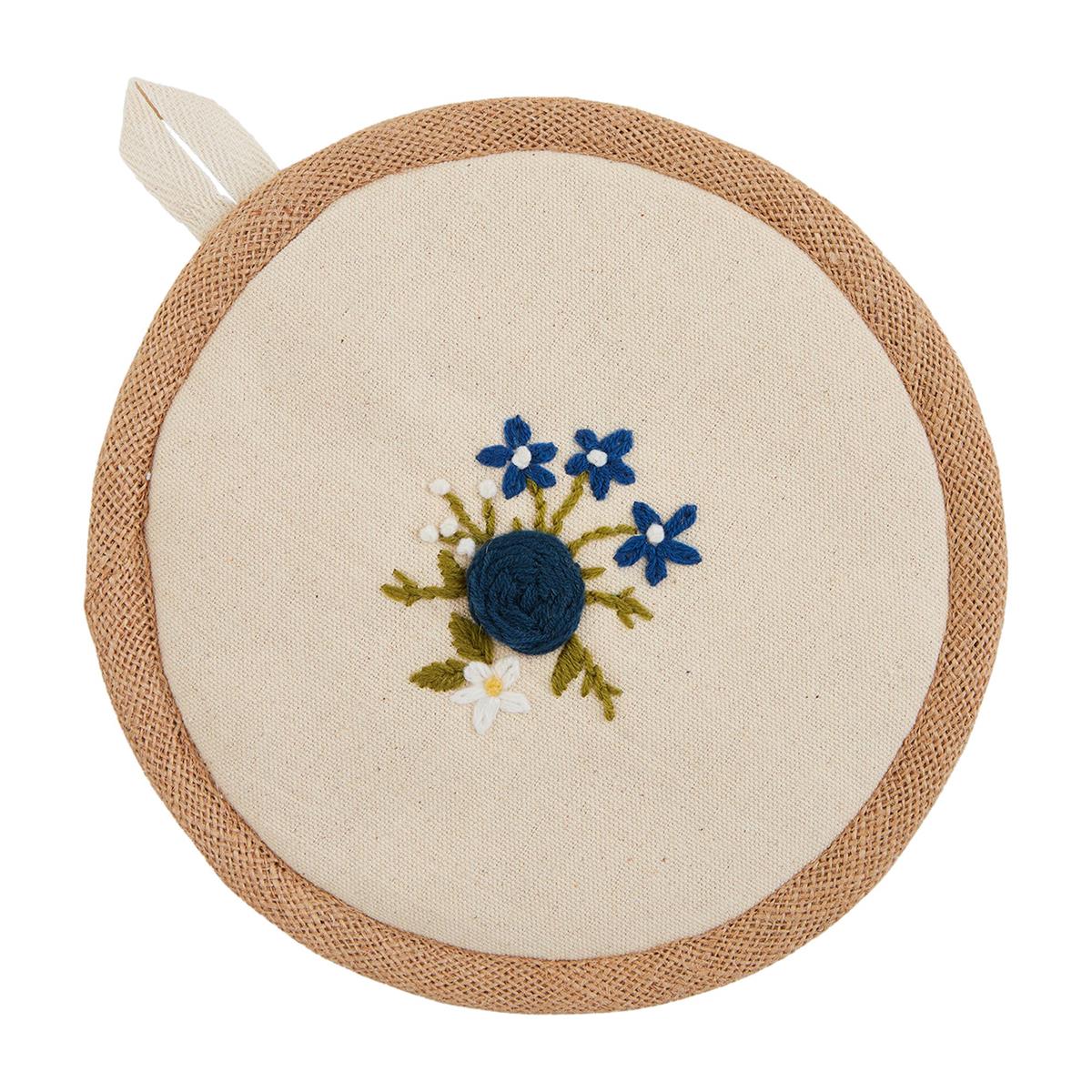 Light Grey - Hand Embroidered Floral Cotton Pot Holder with Pocket 09