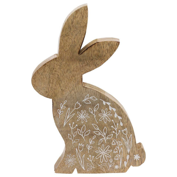 Wood Bunny with White Flowers