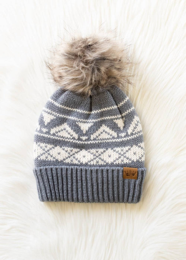 Gray & Cream Patterned Pom Hat
