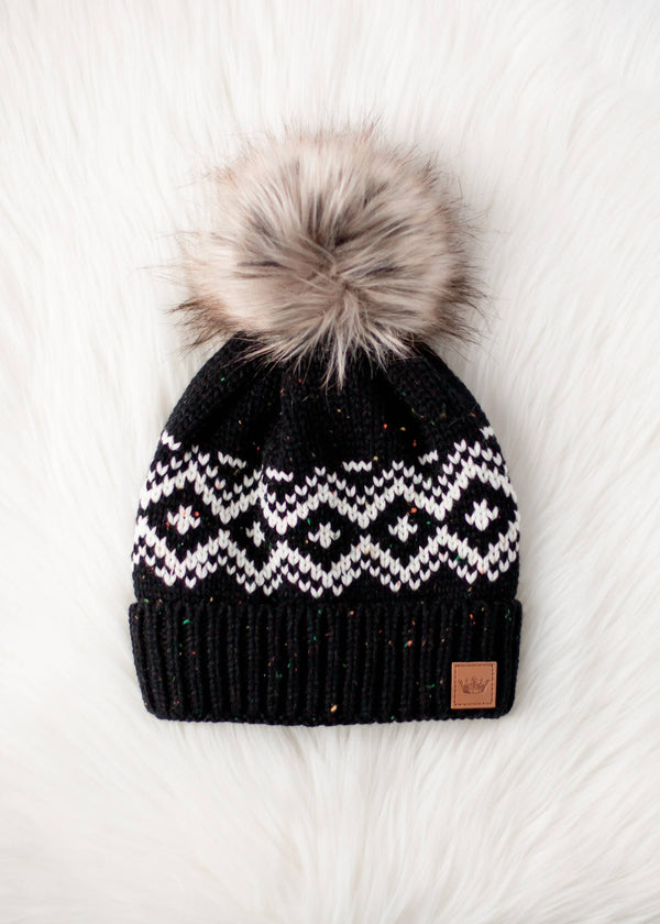 Black & Speckled Patterned Pom Hat