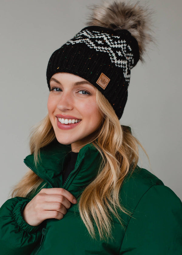 Black & Speckled Patterned Pom Hat