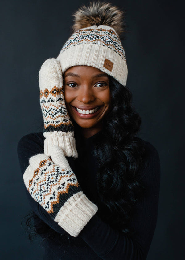 Cream, Black & Camel Patterned Pom Hat