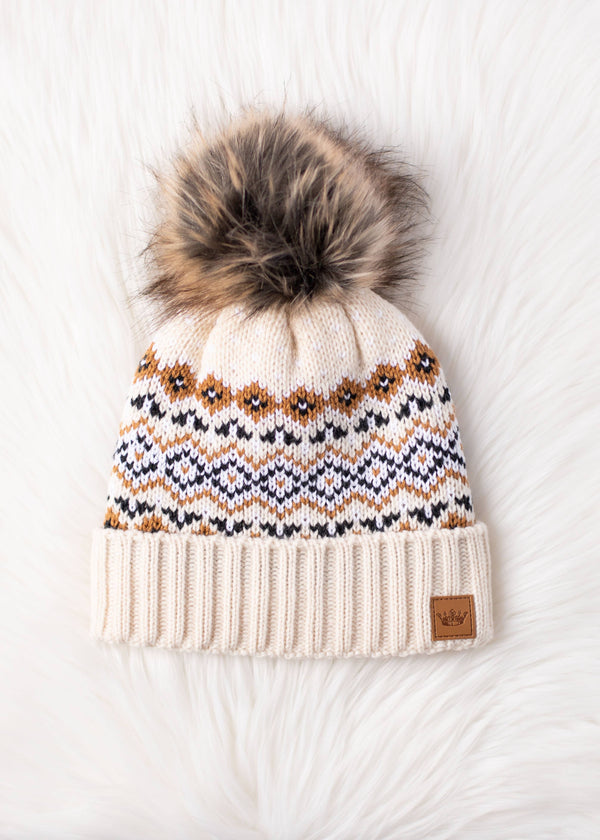 Cream, Black & Camel Patterned Pom Hat