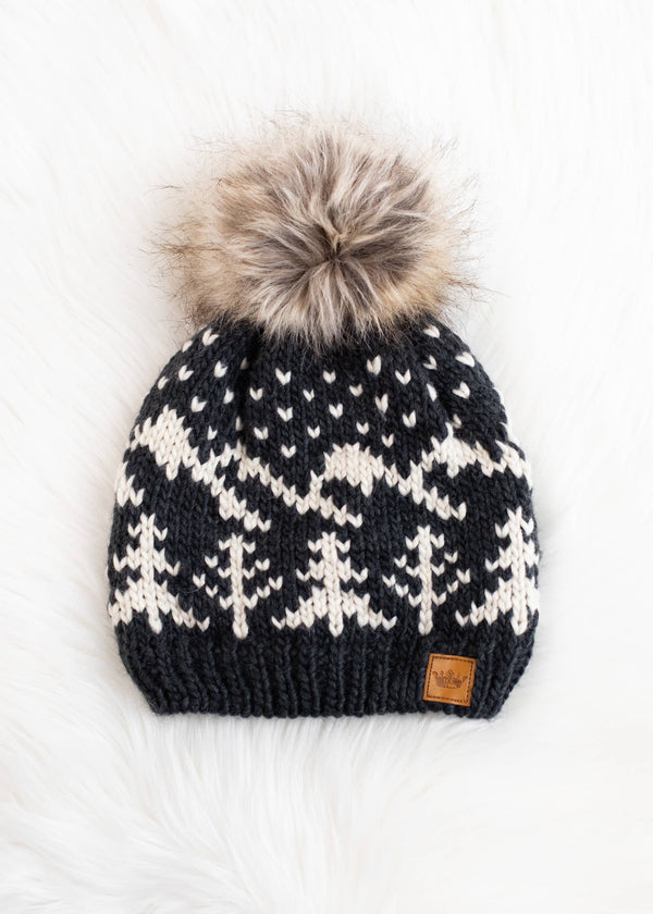 Dark Grey w/ Beige Winter Pattern Pom Hat