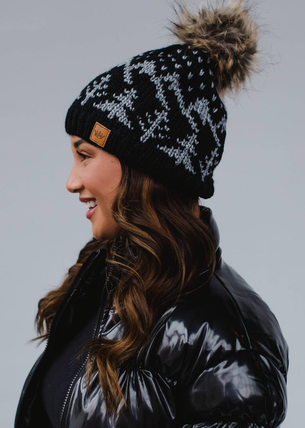 Black w/ Grey Winter Pattern Pom Hat