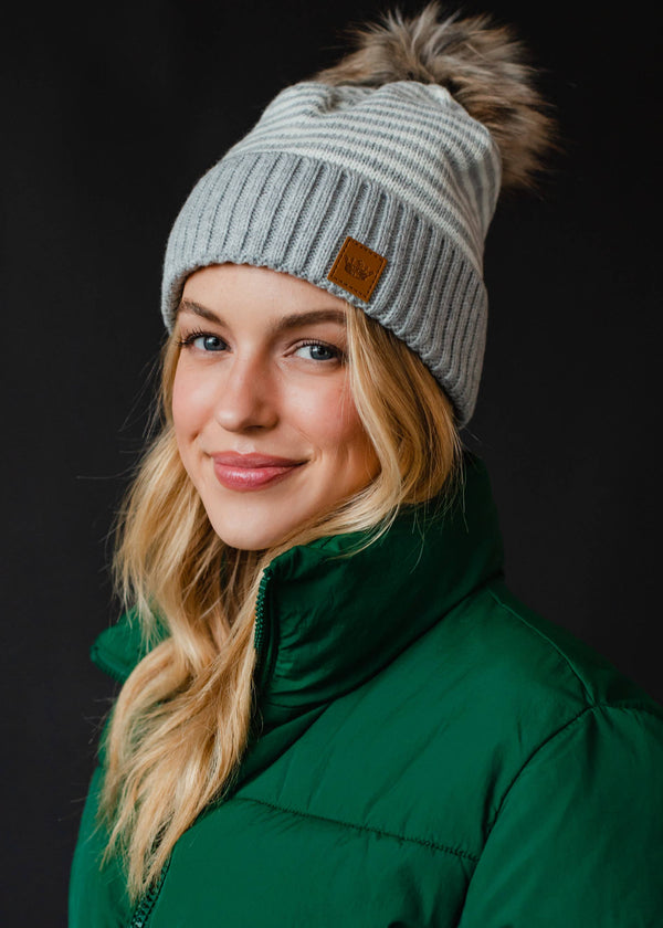 Light Gray & White Striped Pom Hat