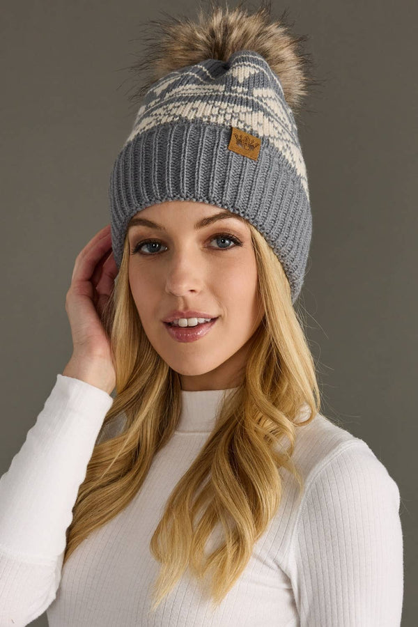 Gray & Cream Patterned Pom Hat