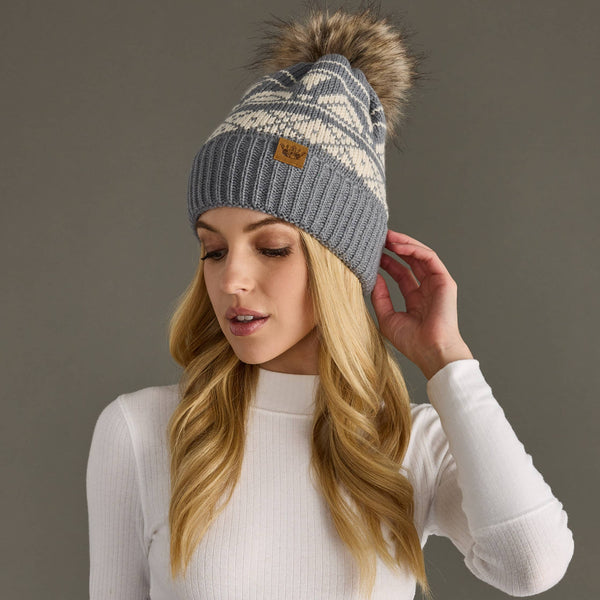 Gray & Cream Patterned Pom Hat