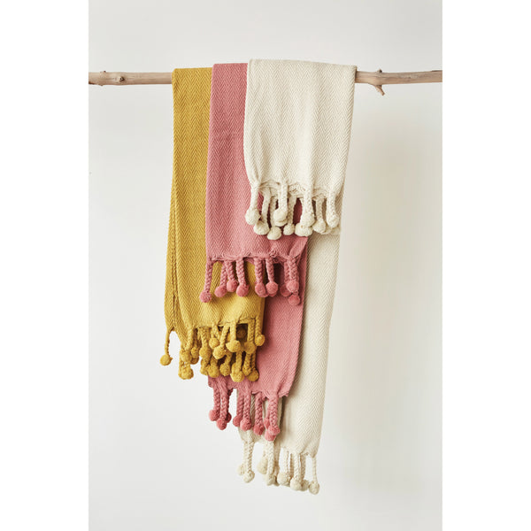 Cotton Throw with Braided Pom Pom Tassels