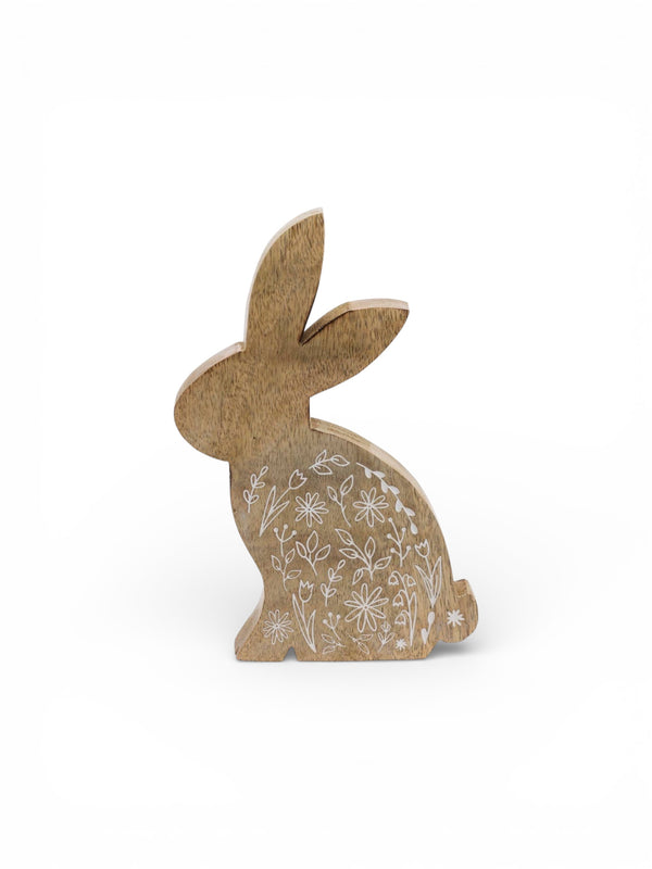 Wood Bunny with White Flowers