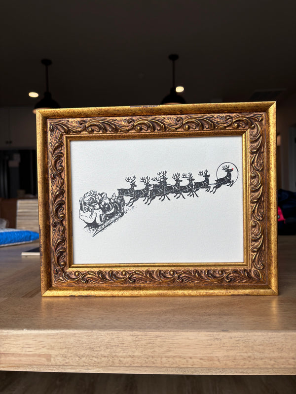 Vintage Santa and Reindeer | Christmas 2026 Antique Gold Wall Art