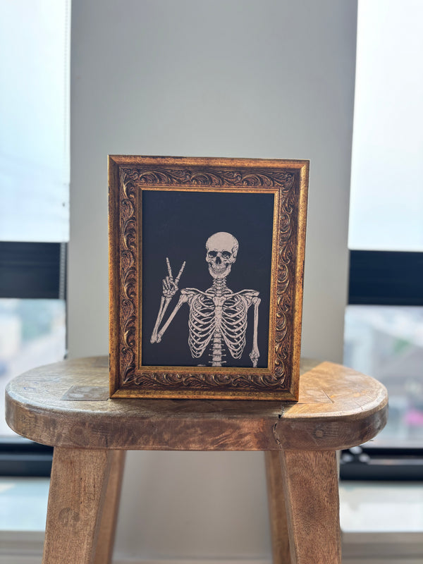 Skeleton with Peace Sign | Antique Gold Frame