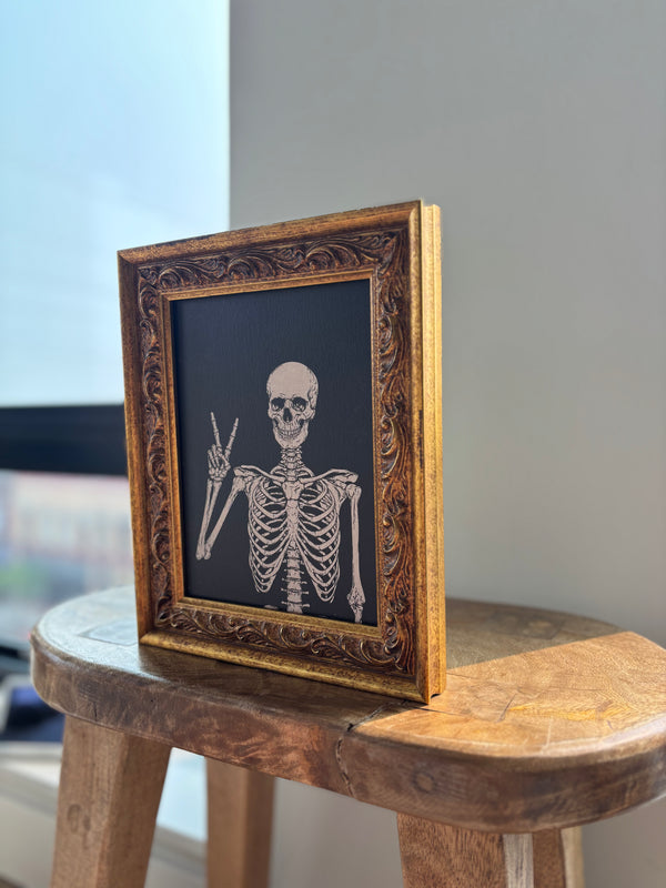 Skeleton with Peace Sign | Antique Gold Frame