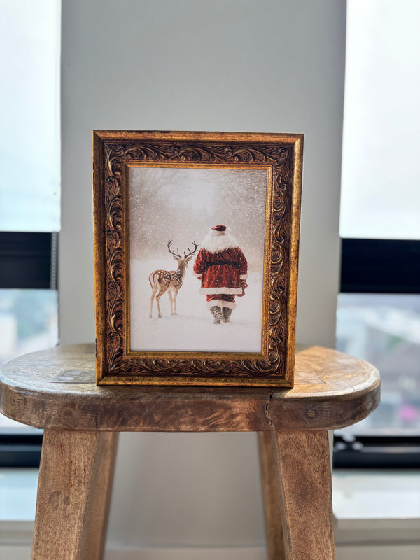 Santa and Reindeer: Antique Gold Frame Wall Art