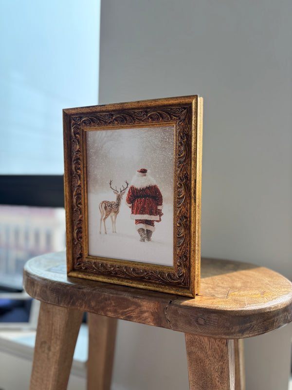 Santa and Reindeer: Antique Gold Frame Wall Art