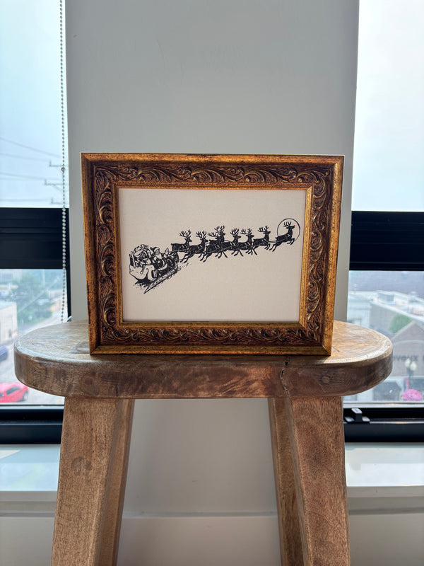 Vintage Santa and Reindeer | Christmas 2026 Antique Gold Wall Art