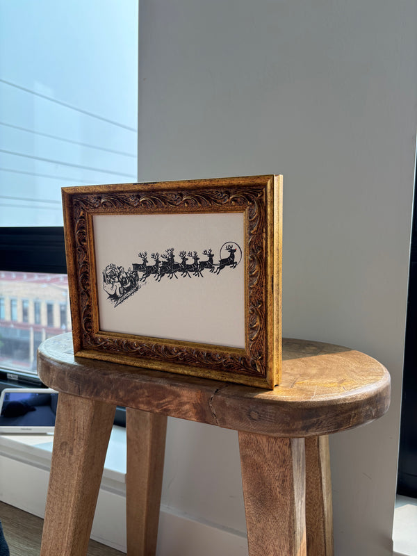 Vintage Santa and Reindeer | Christmas 2026 Antique Gold Wall Art