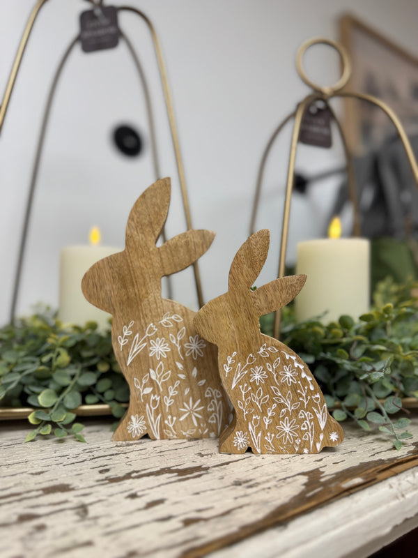 Wood Bunny with White Flowers