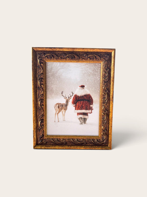 Santa and Reindeer: Antique Gold Frame Wall Art