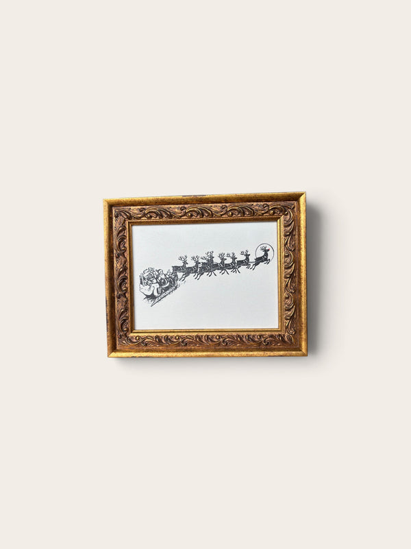 Vintage Santa and Reindeer | Christmas 2026 Antique Gold Wall Art