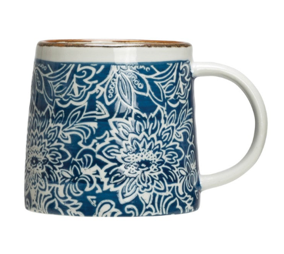Blue Handstamped Stoneware Mug