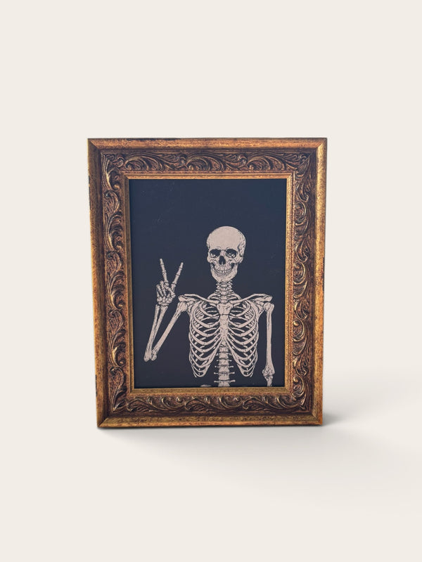 Skeleton with Peace Sign | Antique Gold Frame