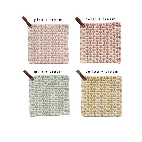 Spring Cotton Crocheted Pot Holder with Leather Loop, 4 Styles