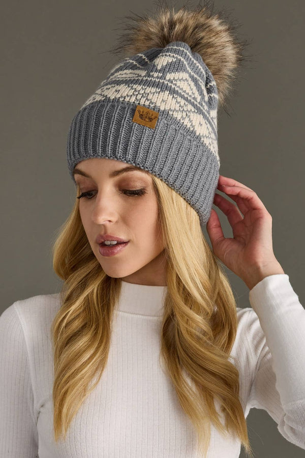 Gray & Cream Patterned Pom Hat