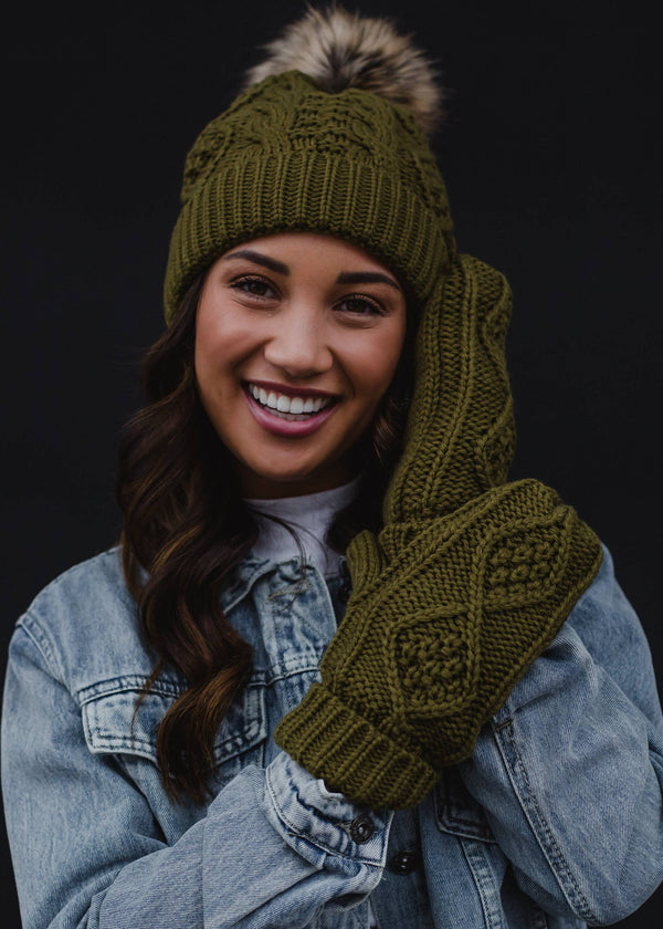 Muted Olive Cable Knit Pom Hat