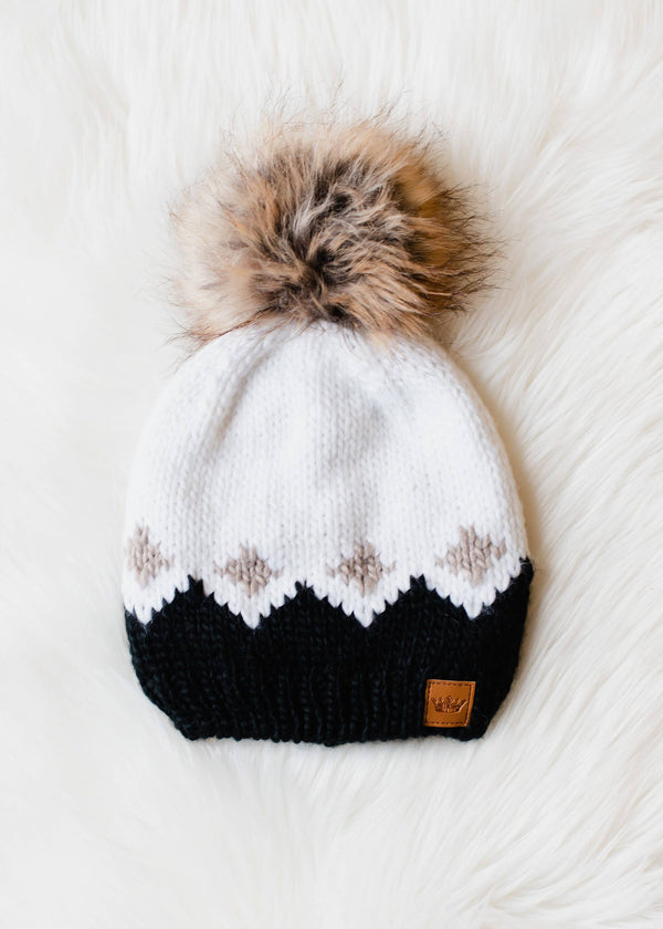 White, Tan & Black Patterned Pom Hat