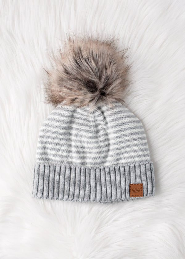 Light Gray & White Striped Pom Hat