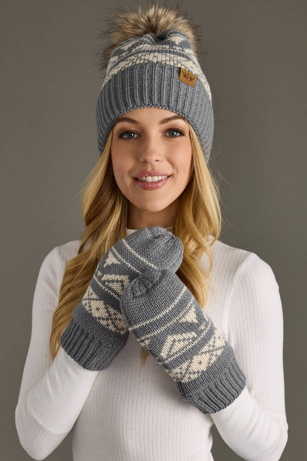 Gray & Cream Patterned Pom Hat