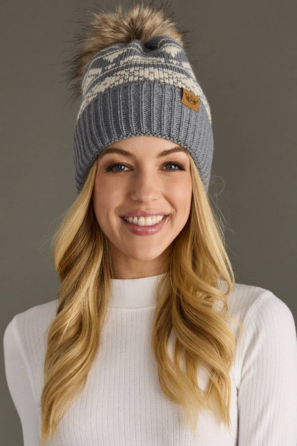 Gray & Cream Patterned Pom Hat