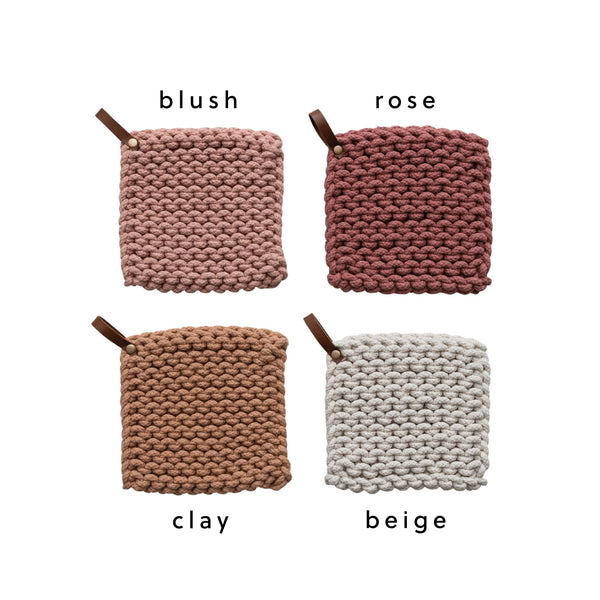 Cotton Crocheted Pot Holder with Leather Loop, 4 Colors