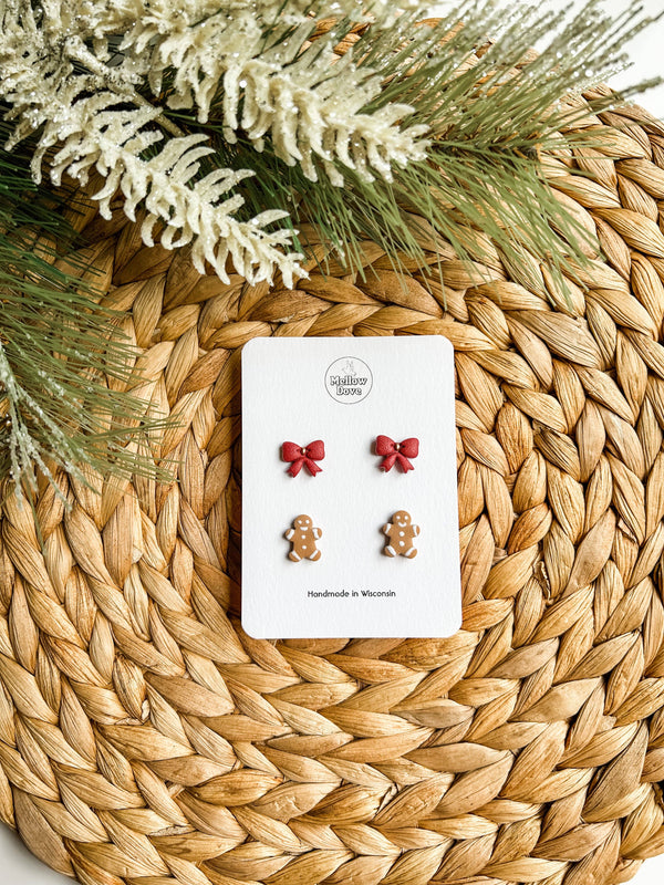 Red Bow + Gingerbread Cookie Stud Pack