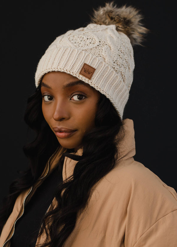 Beige Cable Knit w/ Natural Pom Hat